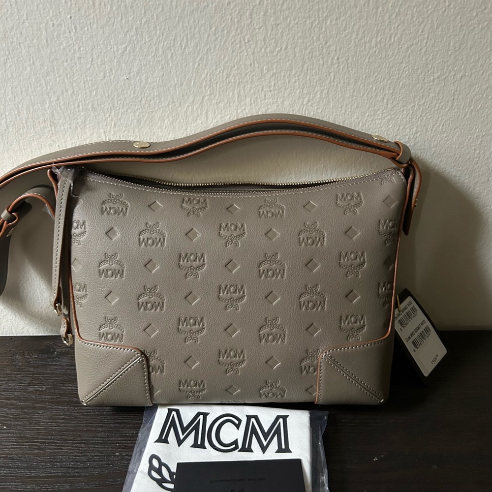 MCM Taupe Embossed Leather Shoulder Bag with Tan Trim